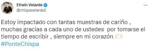 El agradecimiento de Efraín Velarde en su cuenta de Twitter.