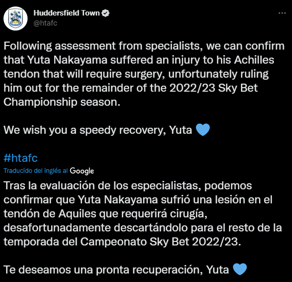 Comunicado de Hudddersfield con la lesión de Yuta Nakayama (Twitter @htafc)