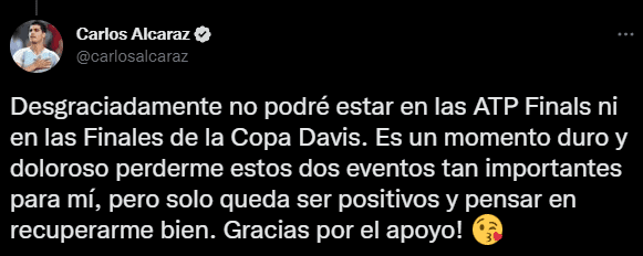 Alcaraz confirmó que se baja del ATP Finals y de la Copa Davis (Twitter @carlosalcaraz)