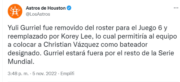 Houston Astros pierden a Yuli Gurriel, lesionado para la Serie Mundial