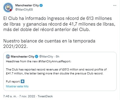 Fuente: Twitter Manchester City (@ManCityES)