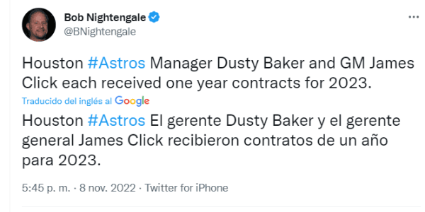 Astros renovó al manager y al GM para el 2023 (Foto: @BNightengale)