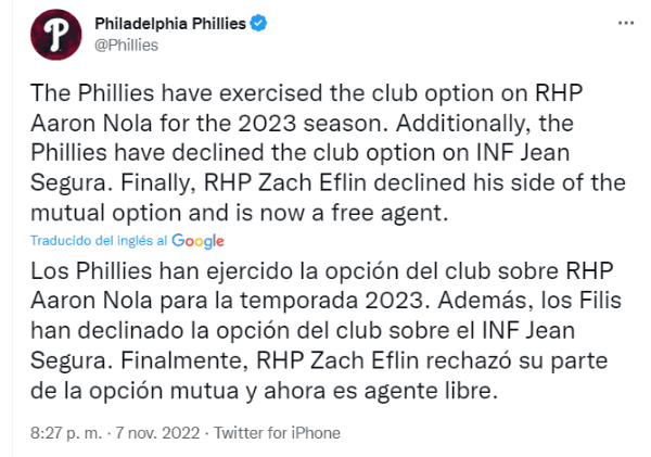Decisiones de Phillies tras Serie Mundial 2022 (Foto: Twitter / @Phillies)