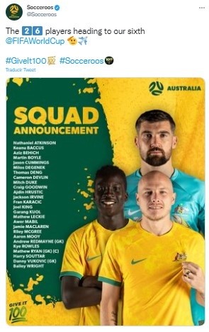 Fuente: Twitter Oficial Selección de Australia (@Socceroos)