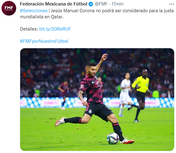 Es oficial: Tecatito está fuera del Mundial. (Twitter FMF)