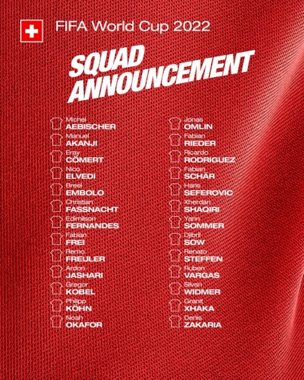 Los 26 jugadores convocados de Suiza para Qatar 2022 (Twitter @nati_sfv_asf)