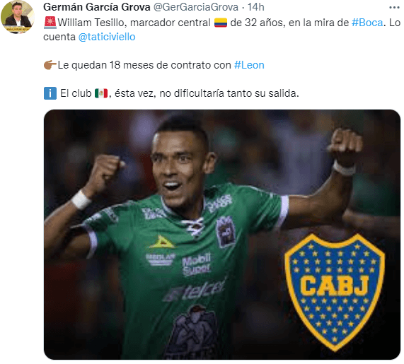 Desde TyC Sports informan el interés de Boca por Tesillo. (@GerGarciaGrova)