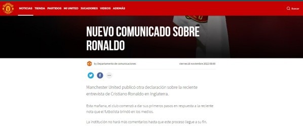 Comunicado de Manchester United sobre Cristiano Ronaldo