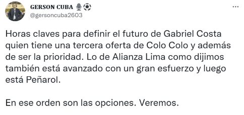 Gabriel Costa podría llegar a Alianza Lima. (Vía: Twitter).