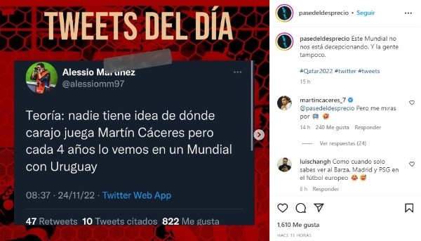 La brutal respuesta de Martín Cáceres (Instagram @pasedeldesprecio)