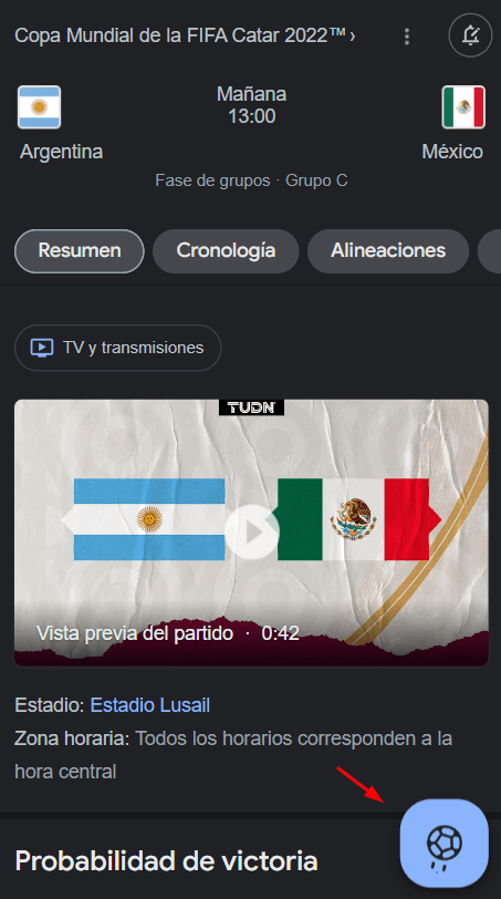 Haciendo click en la pelota podrás jugar el partido.