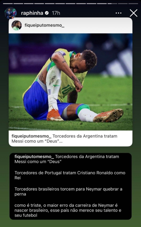 La publicación de Raphinha que causó polémica (Instagram @raphinha)