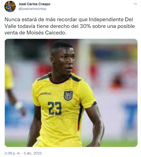 Independiente del Valle se saborea con la venta de Moisés Caicedo; así  invertirá su 'tajada