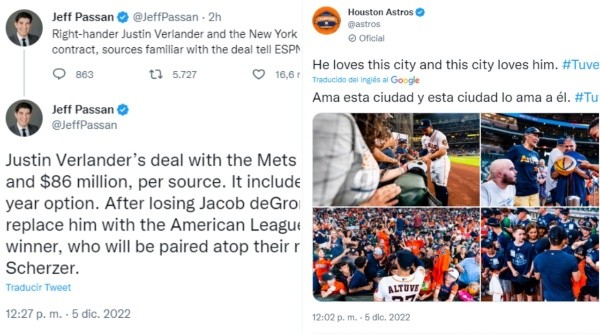 Mensaje de Astros tras noticia de Verlander a Mets (Foto: Twitter @JeffPassan y @astros)