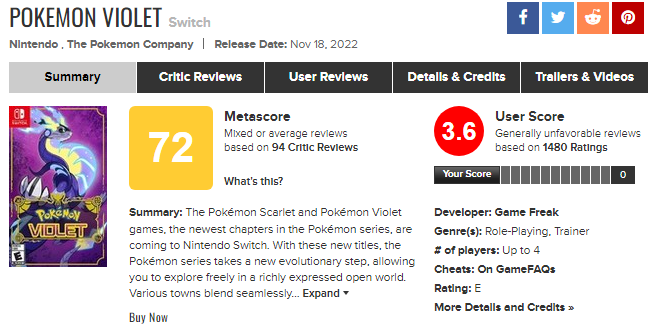 Pokémon Púrpura es la entrega principal peor valorada de la saga en  Metacritic - Vandal