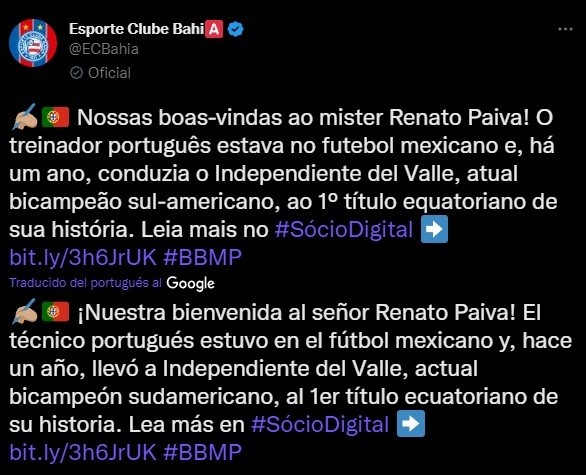 Renato Paiva, nuevo DT de Bahia (Twitter @ECBahia)
