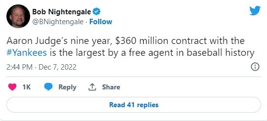 &quot;El contrato de 9 años y $360 millones con los Yankees es el más extenso para un agente libre en toda la historia de la MLB&quot;