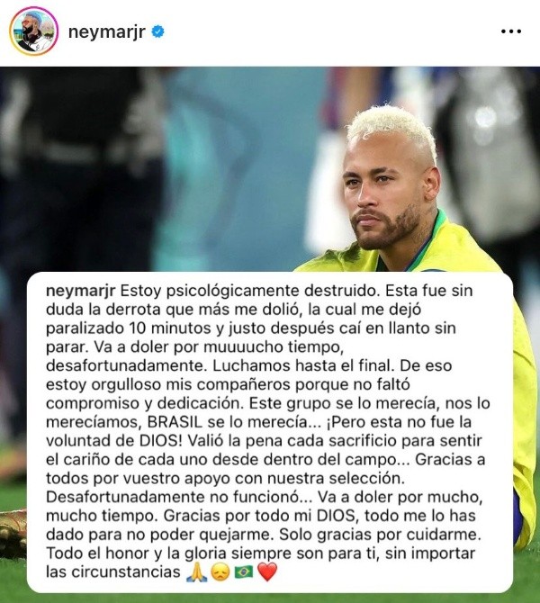 La dolorosa carta de Neymar (Instagram @neymarjr)