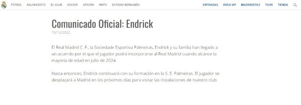 El comunicado oficial de Real Madrid sobre el fichaje de Endrick (web oficial Real Madrid)