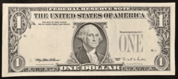 El error de impresión en el frente del billete de 1 dólar.