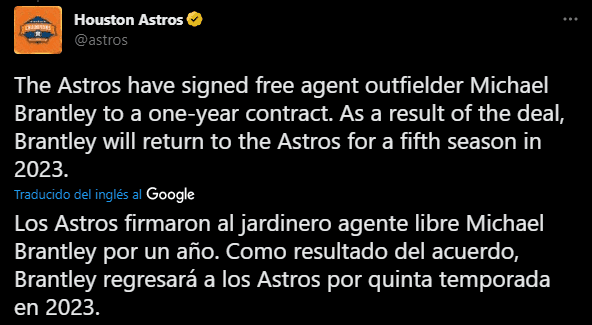 Astros anunció firma de Michael Brantley (Foto: Twitter / @astros)