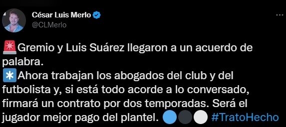 Luis Suárez jugará en Gremio (Twitter @CLMerlo)