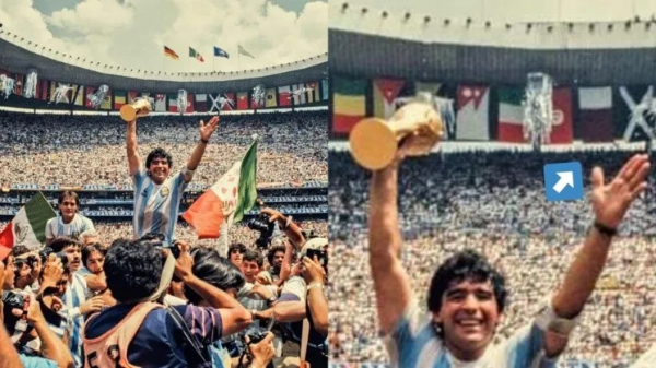 Diego Maradona señalando la bandera de Qatar.