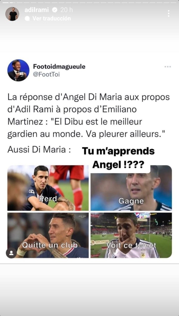 Adil Rami ahora se la agarró con Ángel Di María. Instagram.