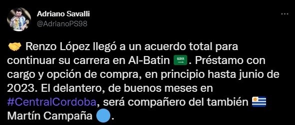 Renzo López jugará en Al Batin FC de Arabia Saudita (Twitter @AdrianoPS98)