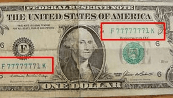 El billete de 1 dólar con número de serie repetido.