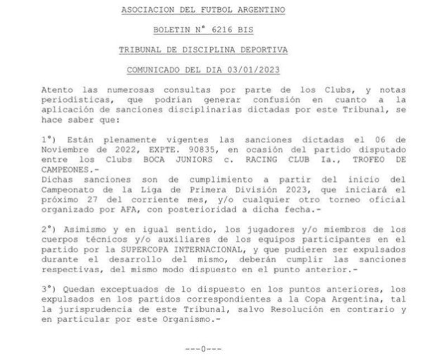 El comunicado de AFA