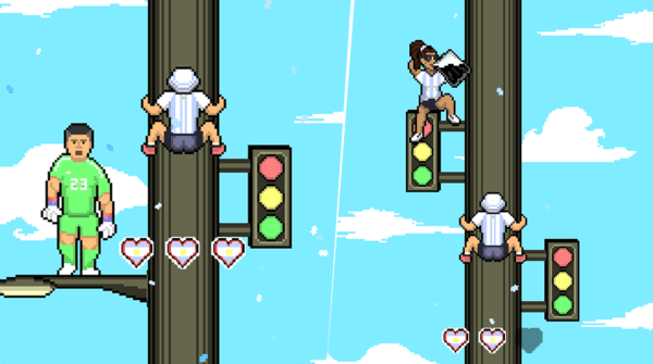 En la aventura, también se pueden encontrar al Dibu Martínez y a una hincha tomando fernet (Foto: Captura Semáforo Climber)