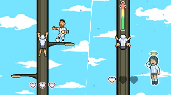 Lionel Messi, con la Copa del Mundo, y un ángel de Diego Armando Maradona, presentes en Semáforo Climber (Foto: Captura Semáforo Climber)