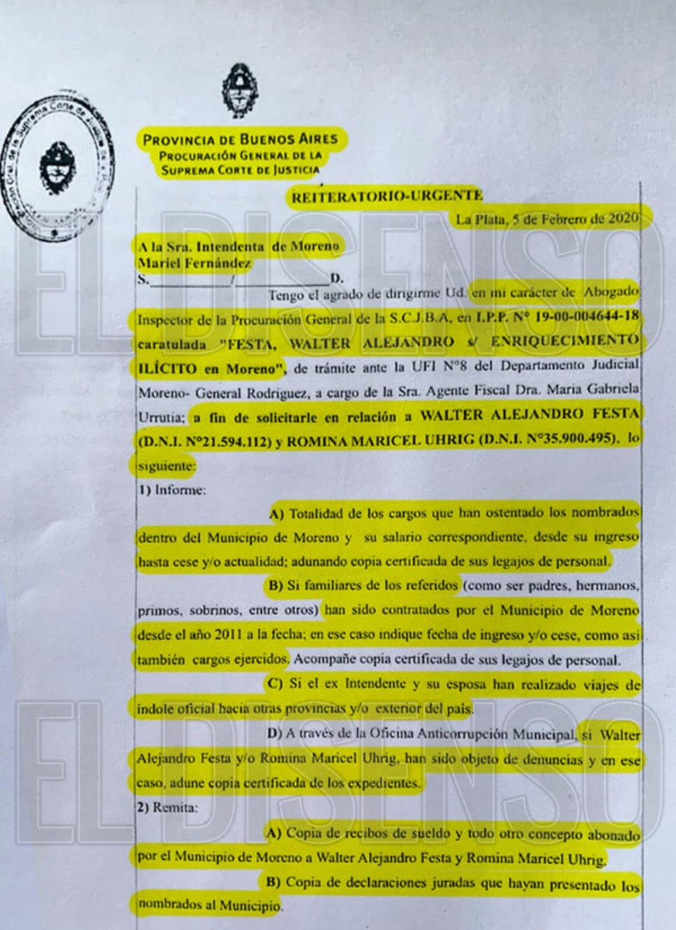 Denuncia por enriquecimiento ilícito a Walter Festa