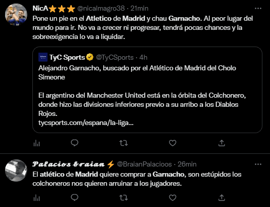 Usuarios que no quieren que Garnacho vaya al Atlético