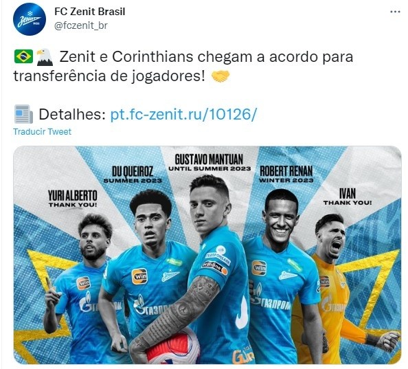 El anuncio de la movida de Zenit y Corinthians. Twitter.