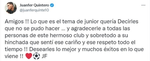 No se dio lo de Quintero a Junior en Colombia.