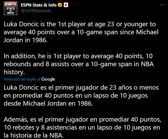 Récord de Doncic vs Lakers (Foto: Twitter / @ESPNStatsInfo)