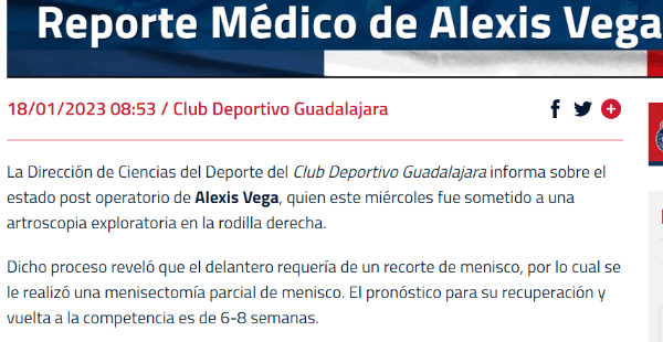 Reporte médico de Alexis Vega (Chivas)