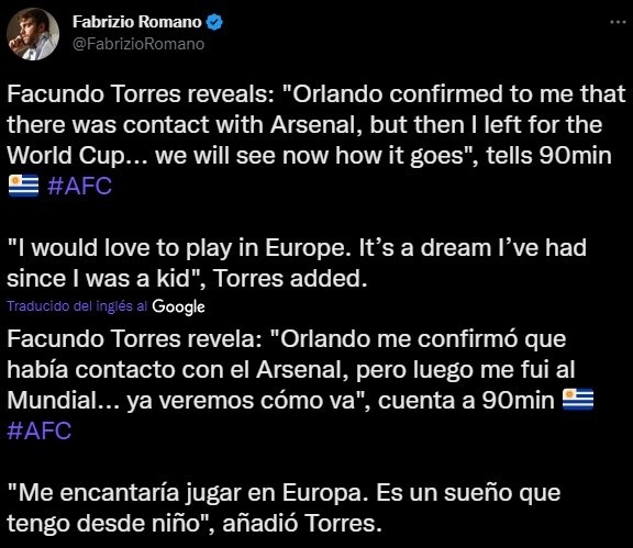 Facundo Torres reveló el llamado de Arsenal (Twitter @FabrizioRomano)