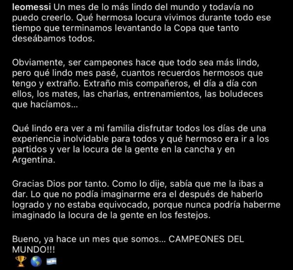 La publicación de Lionel Messi en Instagram por el primer mes del título que consiguió en Qatar 2022 con la Selección Argentina.