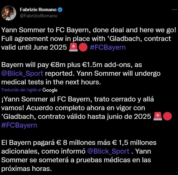 Sommer será nuevo arquero de Bayern Múnich (Twitter @FabrizioRomano)