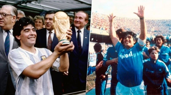 Diego Maradona alzando la Copa del Mundo con la Selección Argentina el 29 de junio de 1986 y dando la vuelta olímpico con Napoli el 10 de mayo de 1987.