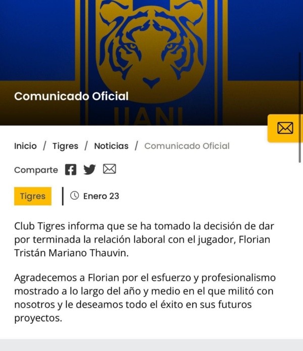Comunicado de Tigres UANL