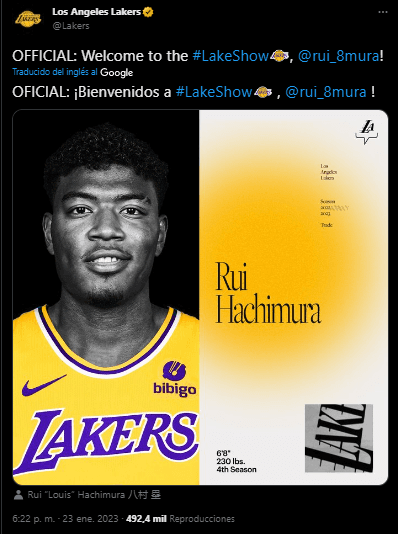 Nuevo refuerzo de Los Angeles Lakers (Foto: Twitter / @Lakers)