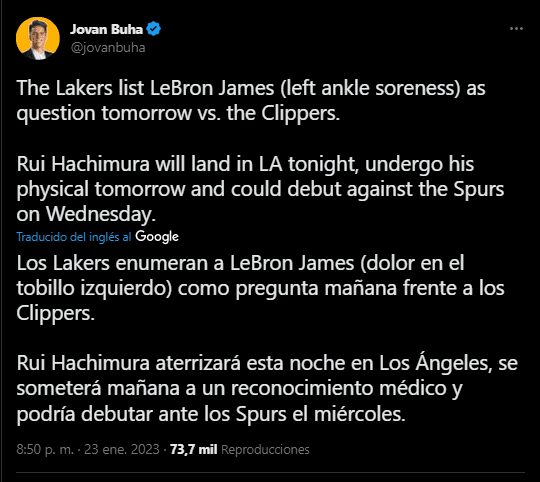 La fecha en la que debutaría Hacimura en Lakers (Foto: Twitter / @jovanbuha)