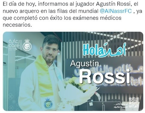 Agustín Rossi ya es el arquero del Al Nassr. @AlNassrFC