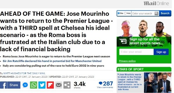 El rumor que vinculó a Mourinho con un regreso a Chelsea (Daily Mail)