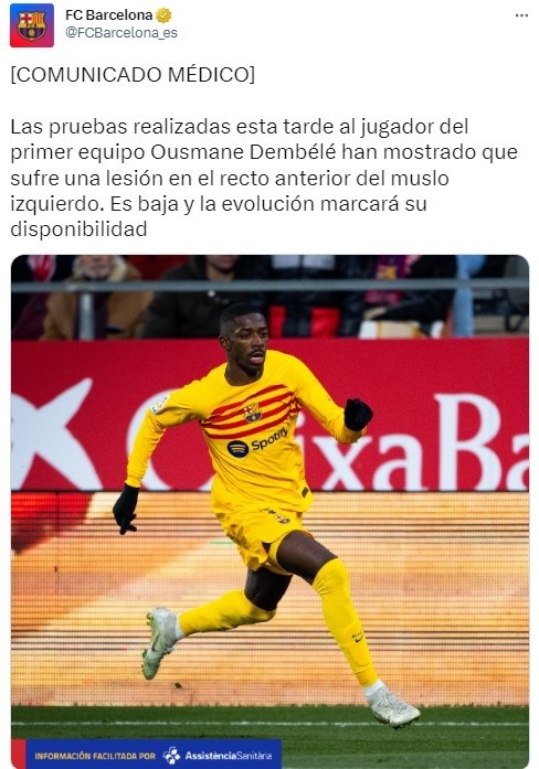 Parte médico del FC Barcelona sobre Ousmane Dembélé