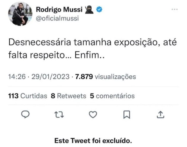 Rodrigo Mussi escreveu tweet, mas apagou em seguida - Foto: Twitter @oficialmussi